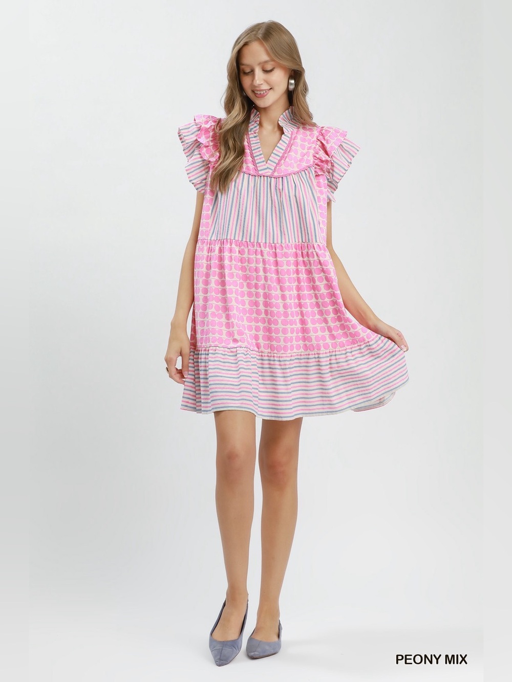 Umgee Mix Patchwork Flutter Sleeve Tiered Dress - Picture 4 of 6